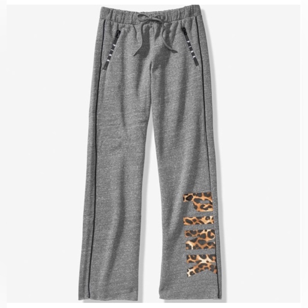 VS PINK BOYFRIEND WIDE LEG SWEATPANTS GRAY LEOPARD CHEETAH LOGO EARE HTF NWT LG